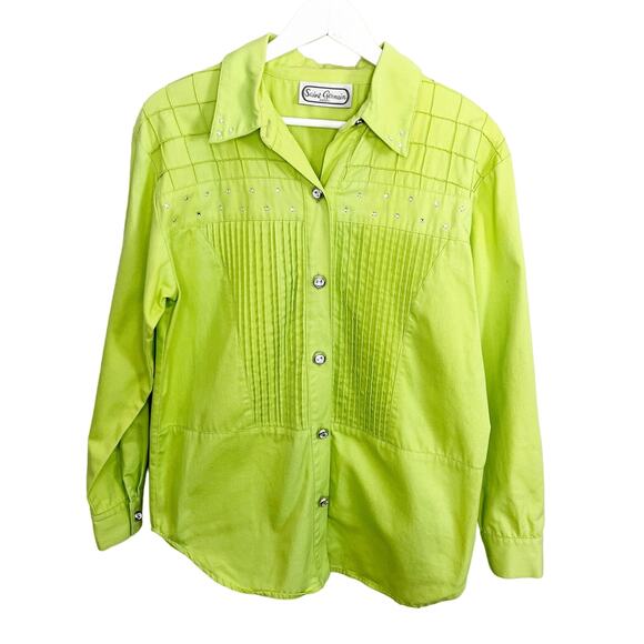 Vintage Saint Germain Lime Green Rhinestone Top Small - Picture 1 of 7